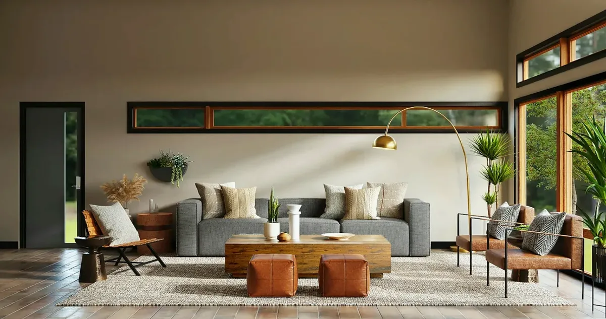 Bright living room with a grey sofa and large windows